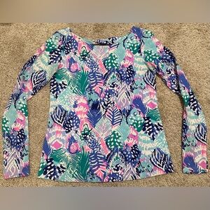 Lilly Pulitzer Long Sleeve Top Size XS Blue/Pink Cotton Blend Back Keyhole